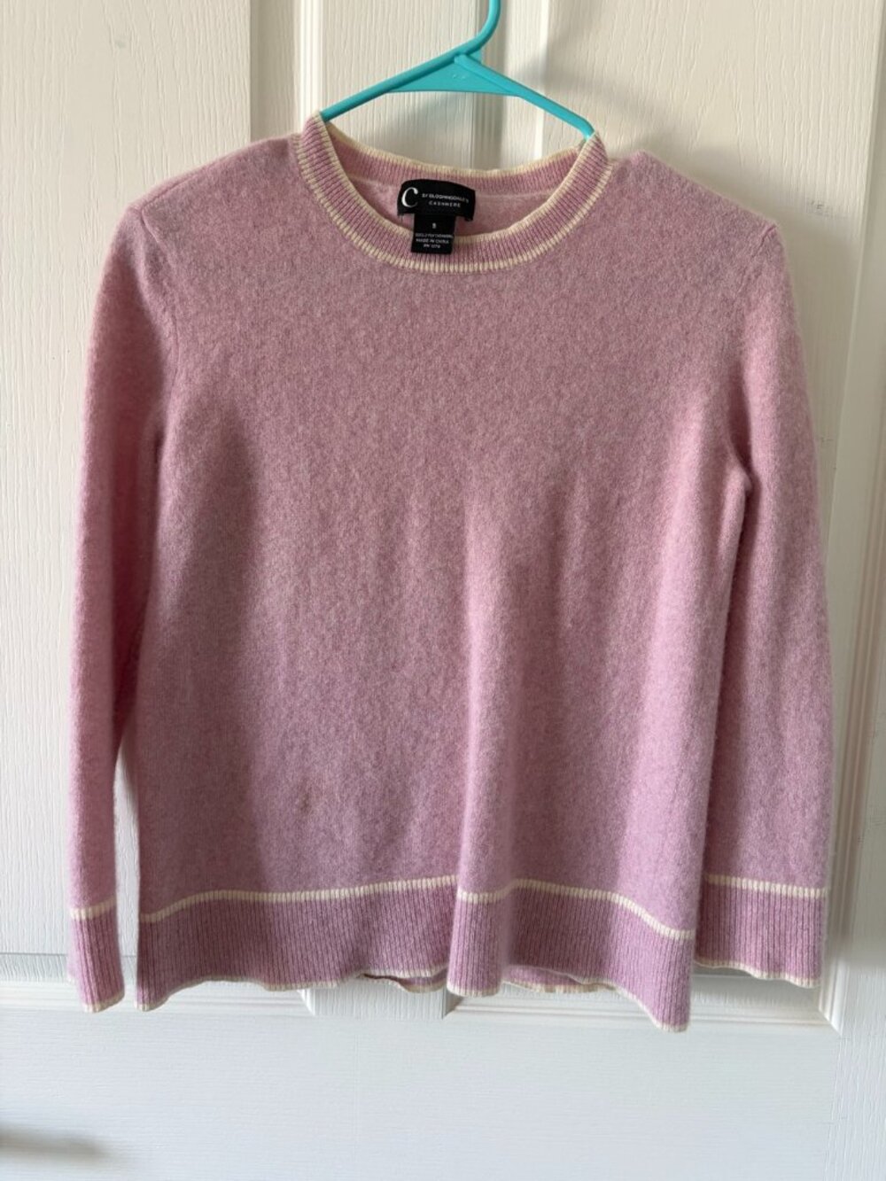 C By Bloomingdale's 100% 2-Ply Cashmere Pink Tipped Crewneck Sweater S